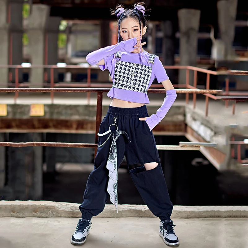 

New Children Jazz Costume Girls Modern Dance Clothes Cropped Purple Tops Black Hip Hop Pants Catwalk Street Dance Outfits BL8118