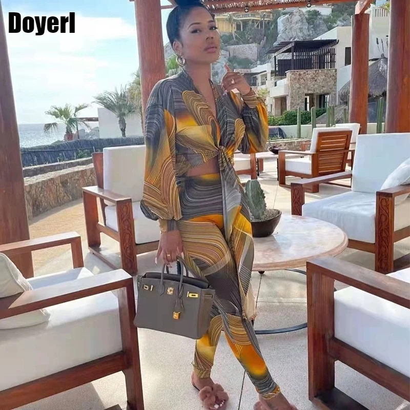 

Элегантный комплект из двух предметов с принтом, Женский Осенний укороченный топ с рукавами-фонариками и леггинсы, комплект для вечерние, К...