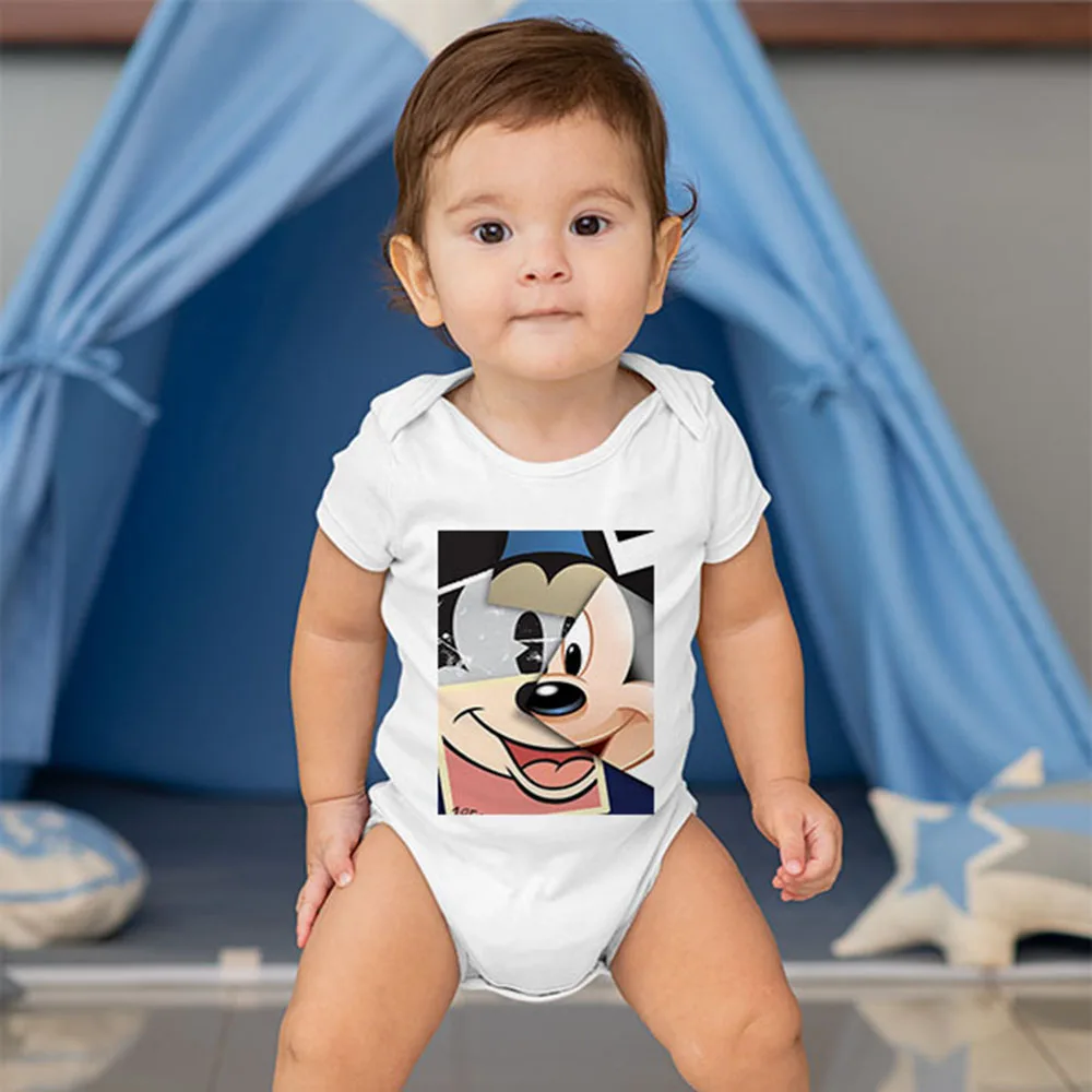

Disney Brand Newborn Clothing Supplies Mickey Mouse Creative Print White Jumpsuit 0-12 Months Baby Clothes Cotton Summer Workwea