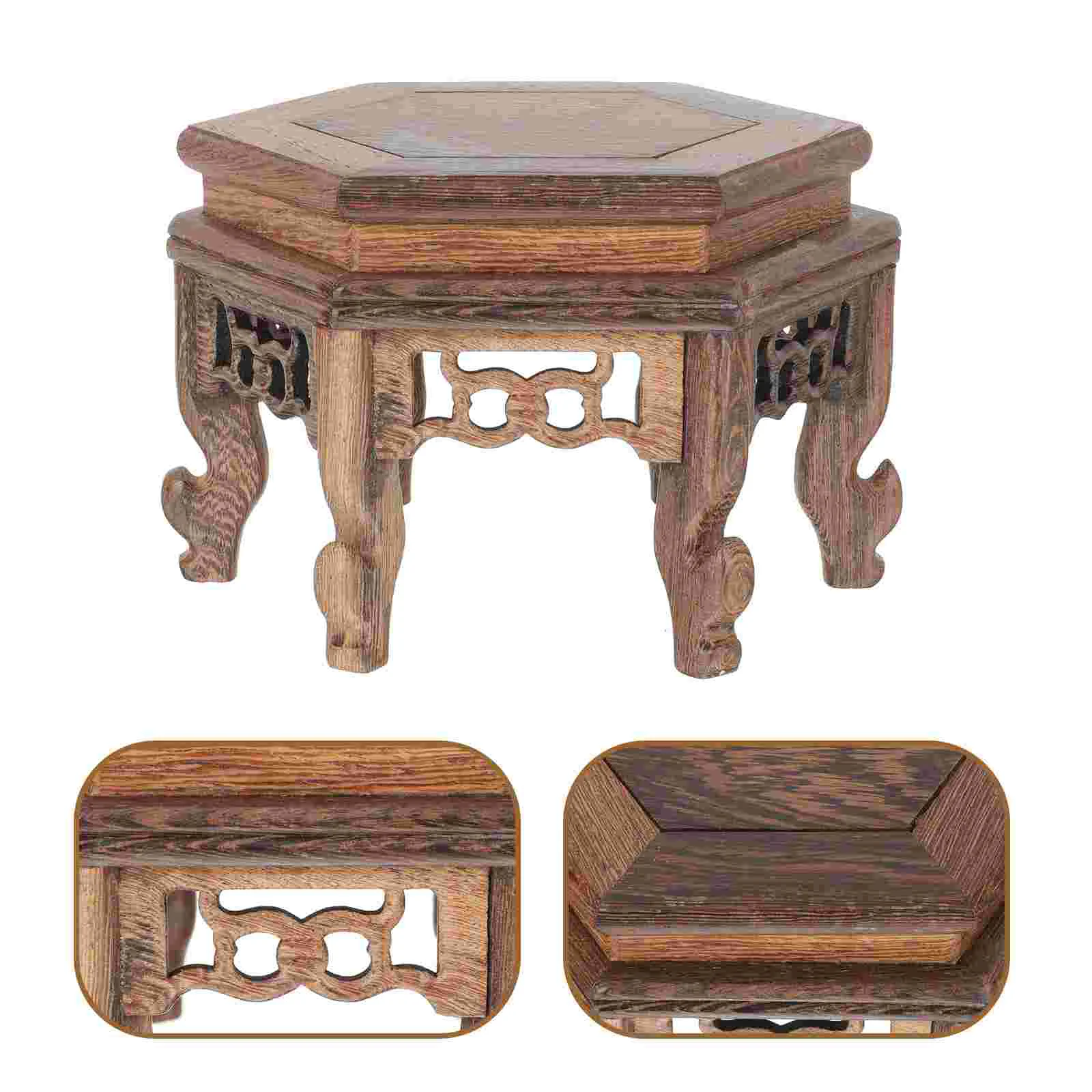 

Chicken Wing Wood Hexagonal Table Vase Base Indoor Plants Stand Bonsai Holder Vintage Tea Pot Display Wooden