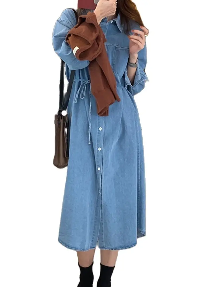 

Casual dress 2022 spring new loose line with line denim dress long sleeve dress Korean fashion women's clothing