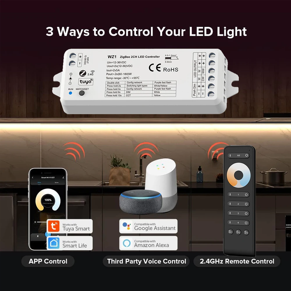 Tuya Zigbee 2CH Smart Led Dimmer Controller DC12V 24V CCT Одноцветная полоса TUYA APP Google Assistant Echo Plus Голосовое