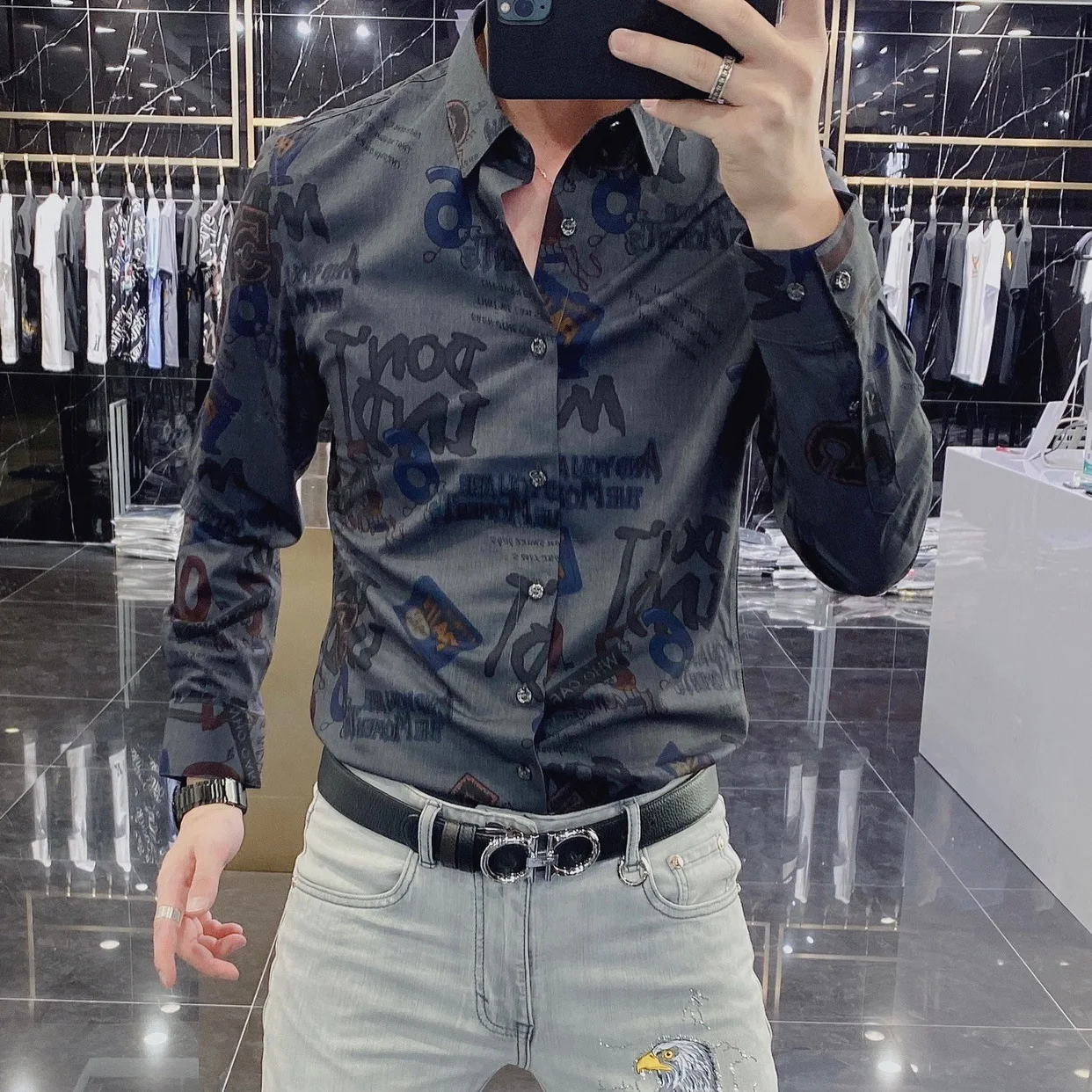 

2022 Spring Autumn Fashion Casual Personalized Printed Long-sleeved Shirt Men's Slim Temperament Long Sleeve Clothes Hot
