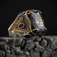 fashionable colorful mirror square gem ring with adjustable opening and micro inlaid mens ring