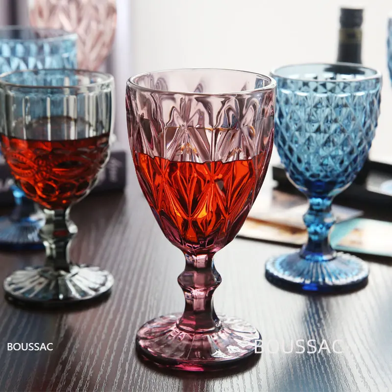 

Diamond Embossed Glass Water Cup European Style Color Goblet Home Drinking Fountain Holiday Gift Red Wine Glass Drinkware