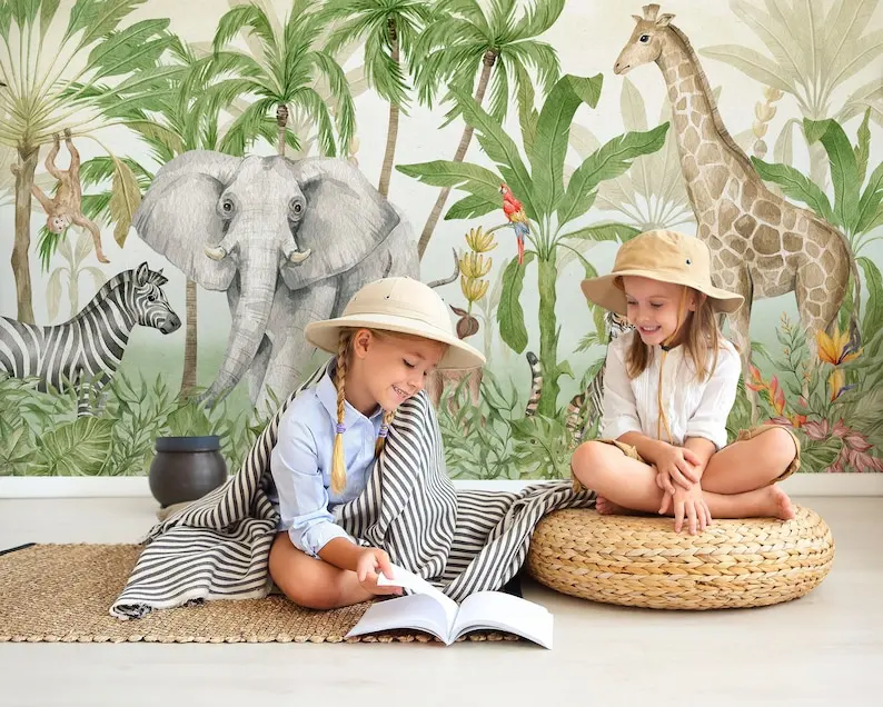 

Kids Safari Wallpaper Peel and Stick Cute Jungle Animals Wall Mural
