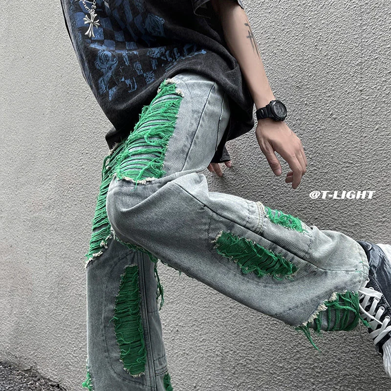 Summer 3-color Ripped Jeans Men Fashion Casual Straight Jeans Mens Japanese Streetwear Loose Hip Hop Hole Denim Trousers Men