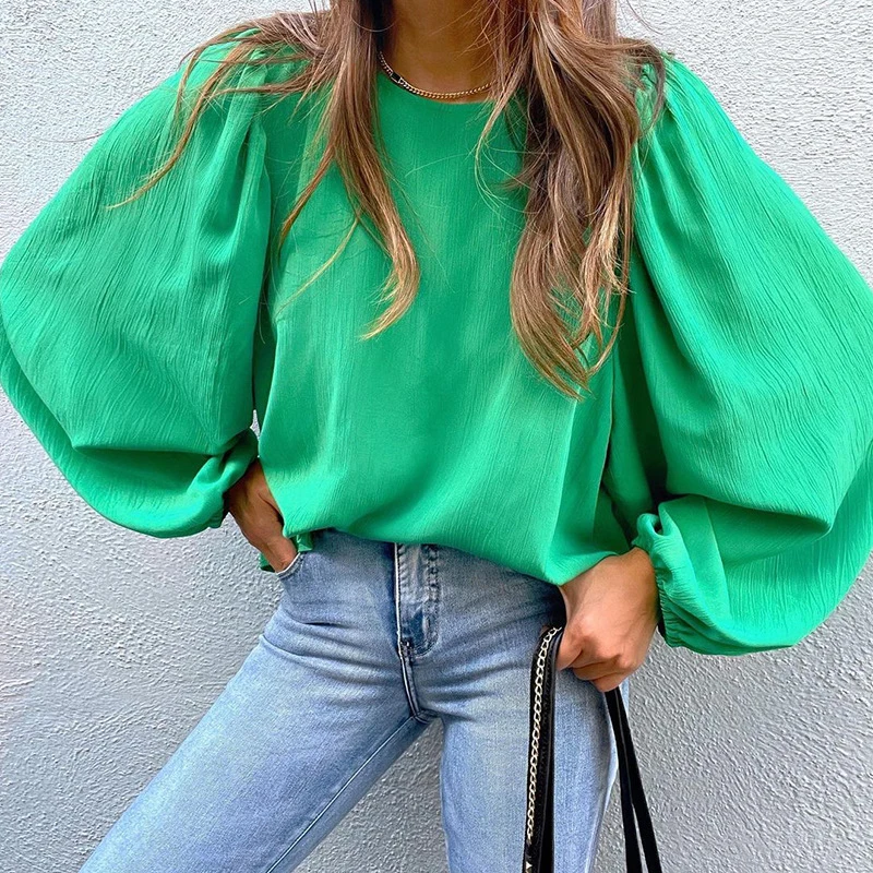 

Vintage Lantern Sleeve Loose Solid Blouses Women Clothes Fashion Crew Neck Tops Elegant Office Ladies Temperament Commuter Shirt