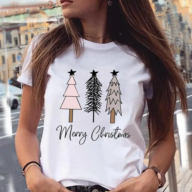 

Women Star Tree Festival Cute T Top Merry Christmas Holiday Print Cartoon Shirt Female Graphic Tee Tshirt New Year T-Shirts