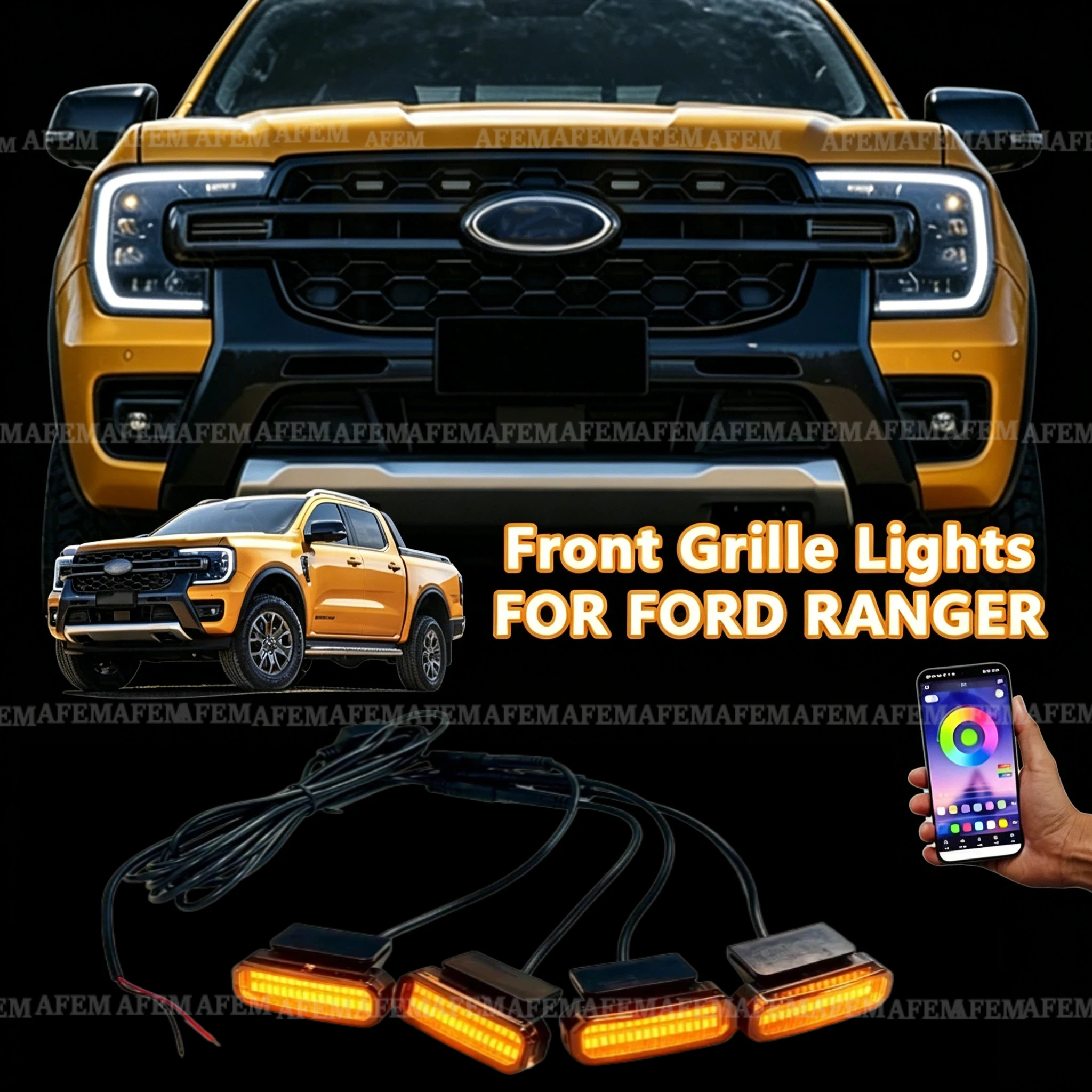 Фото Для Ford Ranger: Управляемые через приложение светодиодные желтые фары для передней решетки, сверхъяркие дневные ходовые огни, специальные светильники для решетки радиатора №1
