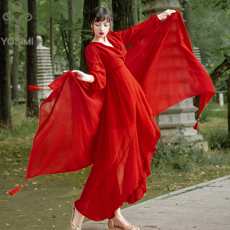 

YOSIMI Красное длинное женское платье для пустыни, путешествий, лето 2022, красное Макси женское платье с V-образным вырезом, длиной до щиколотки, рукавами-фонариками, женское платье