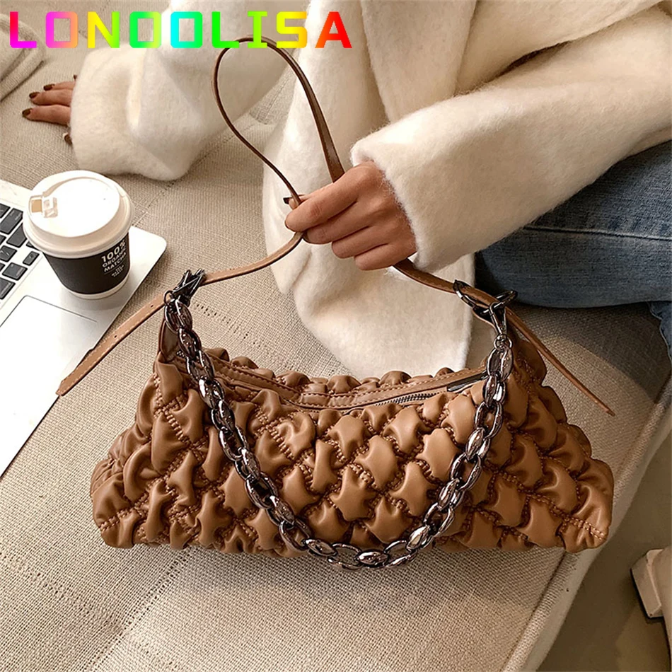 

2022 Folds PU Leather Chain Bags for Women Hit Trendy Fashion Small Shoulder Simple Underarm Crossbody Bag Lady Baguette Handbag