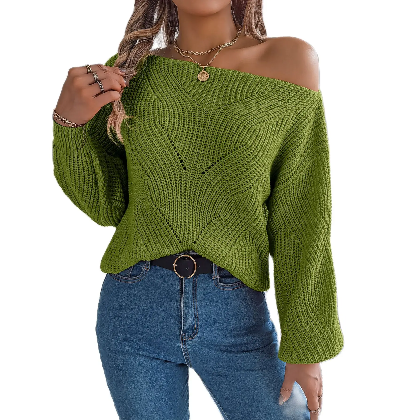

Casual Sexy Women Pullover Sweater Female Long Lantern Sleeve Tops Girl's Streetwear Knitwear Lady's Slash Neck Sweaters