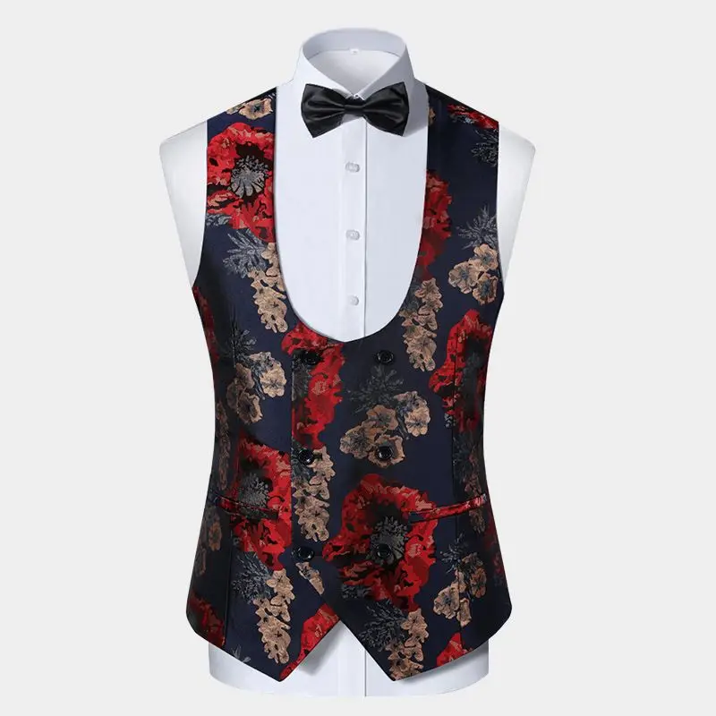 2022 Fashion Printed Blue Jacquard Prom Suits For Men 3 Piece Wedding Tuxedos Custom Made Formal Male Costume Jacket Vest Pants