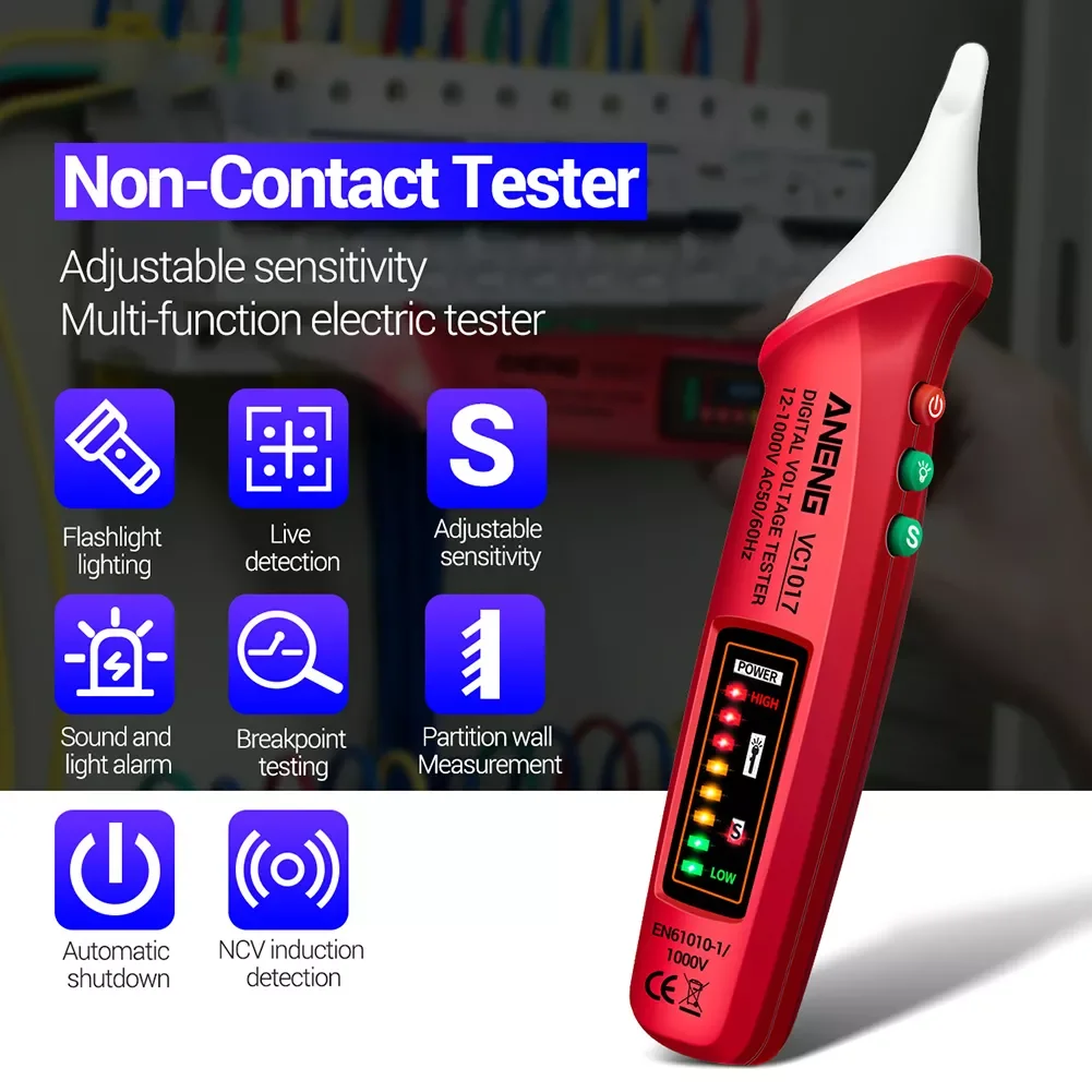 

VC1017 Non-contact Pen Style LED Lights Sensor Tester Alarm Digital Intelligent AC Power Outlet Voltage Meter Voltmeter Detector