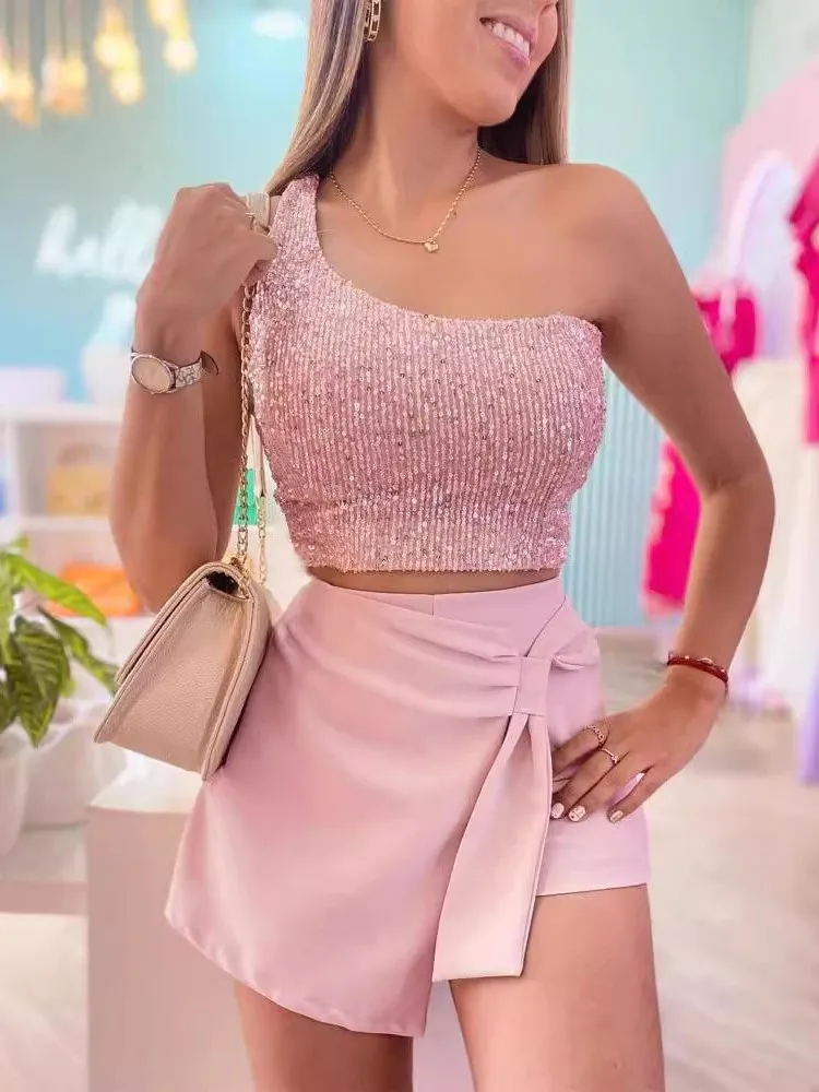 Women Sexy One Shoulder Sequin Crop Top + Shorts Two Pieces Sets 2025 Summer Sweet Style Fashion Party Women's Suit 2 Set