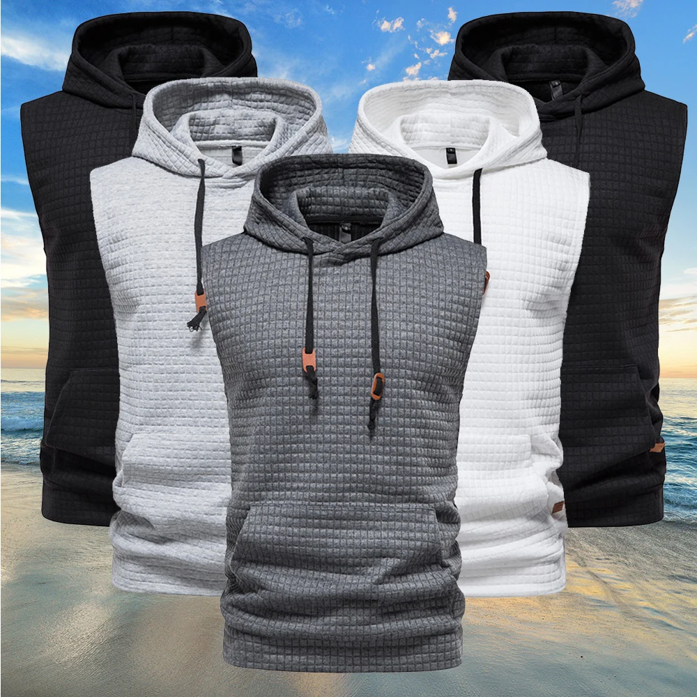 

Hooded Vest Men's Solid Color Sleeveless Rhombus Vest