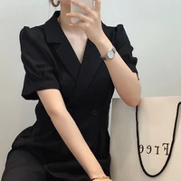 2022 summer notched a line blazer dress puff sleeve pleated formal mini dress short sleeve double breasted office dress for lady