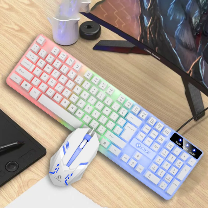 Keyboard set English Wired Gaming Mouse and Keyboard Set Rainbow Backlit Gamger Computer Waterproof RU + EN Keyboards images - 6