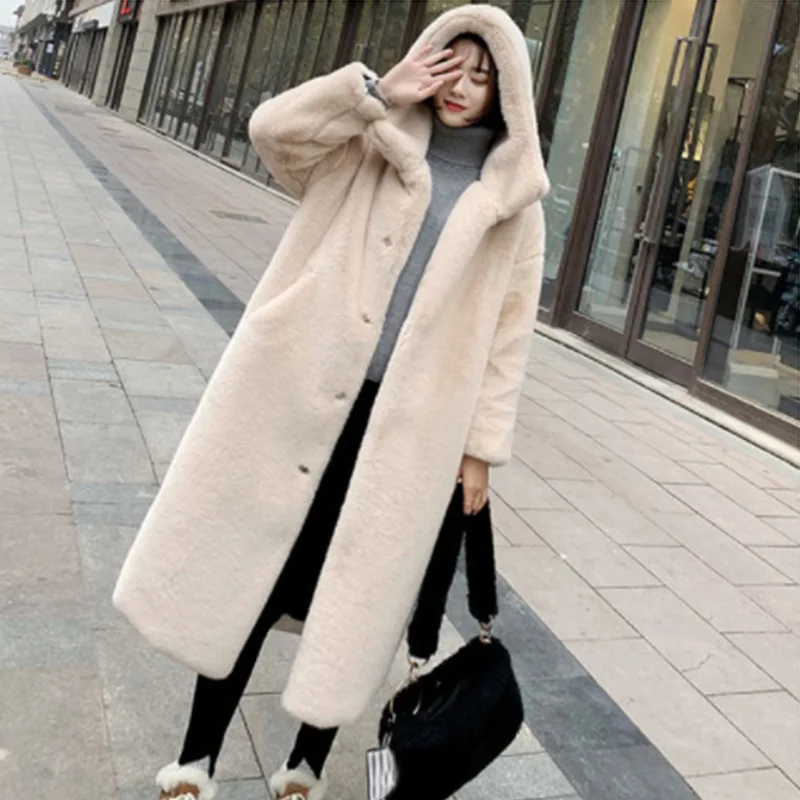 New Women Winter Faux Fur Coat Hooded Long Fur Solid Color Coats Jacket Thick Warm Female Casual Plush Plus Size Loose Overcoat