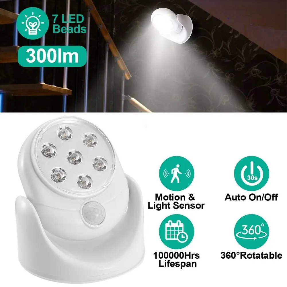 

ABS 360 ° LED Motion Light Built In Sensitive Sensor 300lm 360 Degree Rotating Indoor Cordless Stairs Wall Lamp Indoor Lighting