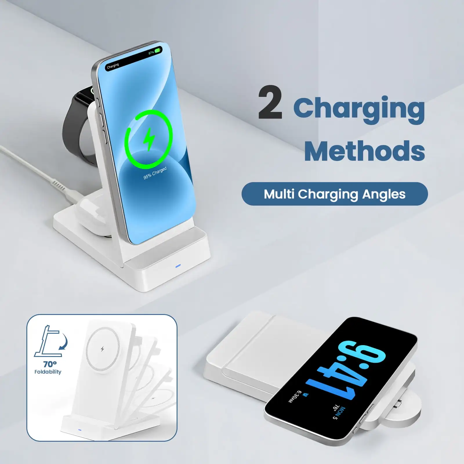 Фото Магнитная беспроводная зарядная станция 3-в-1 для iPhone 17 16 15 14 13 12, iWatch, AirPods Pro 4 3 2, складная, быстрая зарядка №2