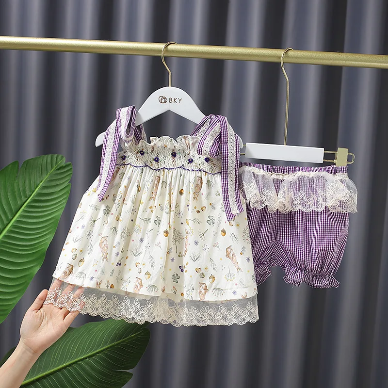 

2pcs Girl Clothes Summer Floral Lace Vintage Vest Top + Lace Shorts Baby Girl Suits for Girls Clothes Toddler Baby Children