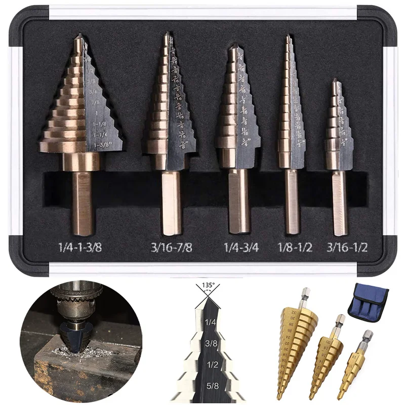 

HSS 4241 Cobalt Step Drill Bit Set Aluminum Case Metal Drilling Tool Multiple Hole Titanium for Metal Wood Step Cone Drill