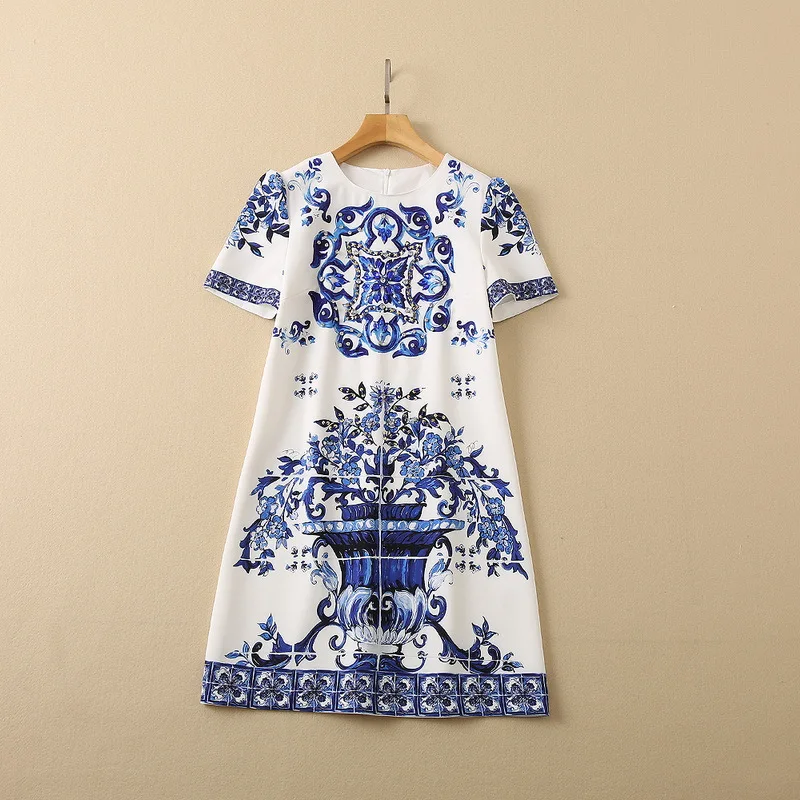 New European and American women's wear for winter 2022 Short sleeve blue print Heavy hammer bead fashionable dress