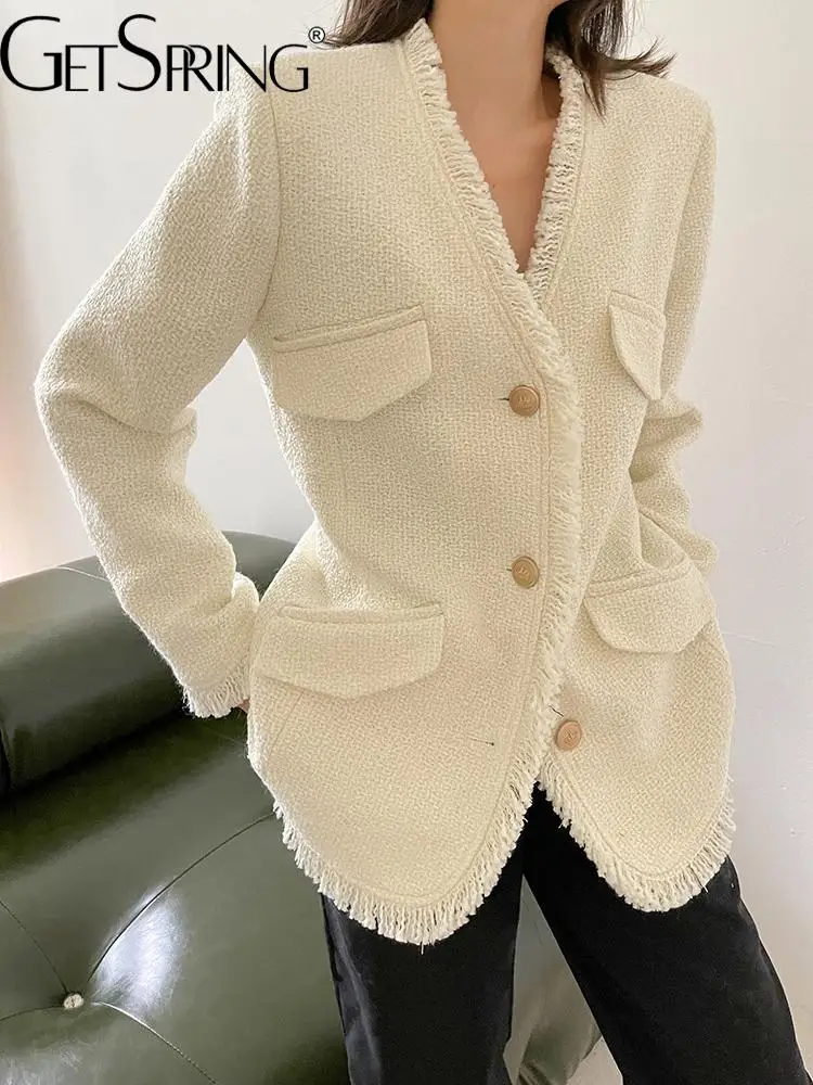 

GetSpring Women Wool Coat 2022 Autumn Winter Tassel V Neck Single Breasted Ladies Jacket Fashion All Match White Female Tops New