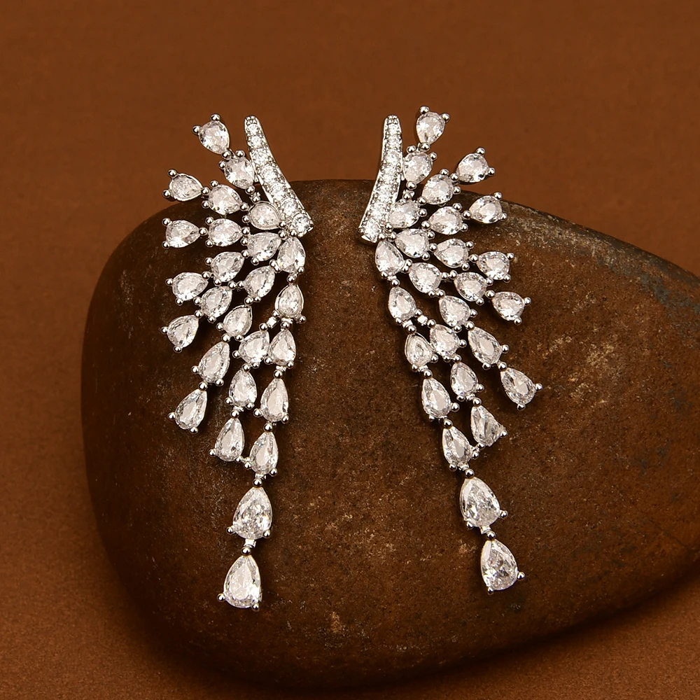 

G-G Fashion Feathers Silver Color Gold Plated Wings Lady's Dangle Earrings With Shiny CZ Stone Women Party Jewelry Gifts