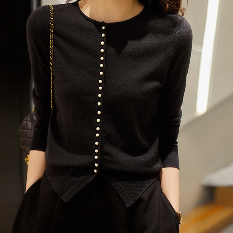 Весенне-осенний серый женский однобортный тонкий жакет с бисером кардиган топ