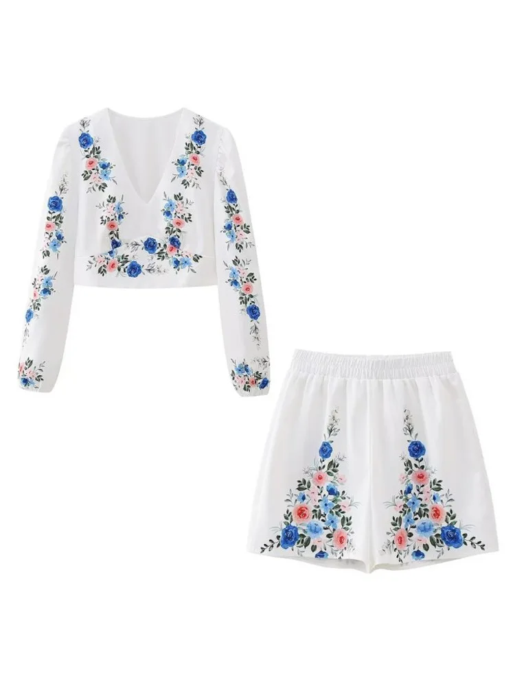 

2023 Women Summer 2-Pieces Sets Vintage Print Blouses Tops and Shorts Female Elegant Street Two Suits Clothing