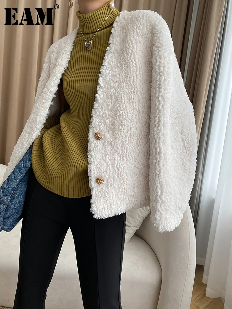 

[EAM] Loose Fit Beige Big Size Warm Thick Jacket New Lapel Long Sleeve Women Coat Fashion Tide Autumn Winter 2023 1DF2958
