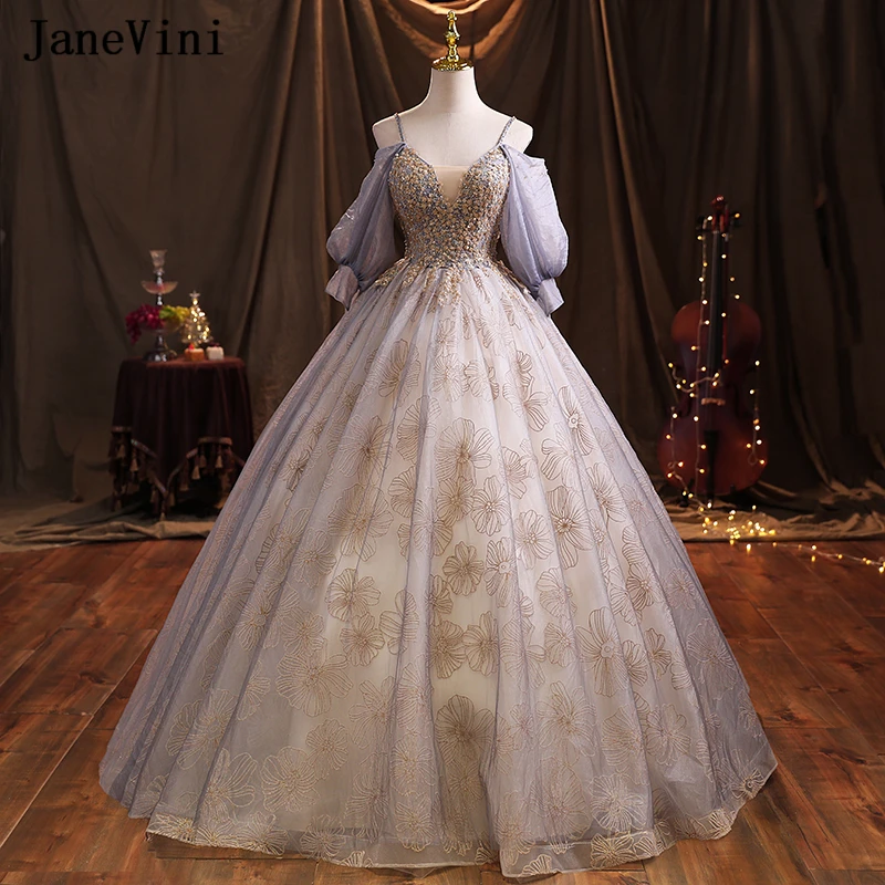 

Бальное платье jaevini с блестками и градиентом, длинные платья для Quinceanera, пышное Тюлевое платье с V-образным вырезом и бусинами для выпускного ...
