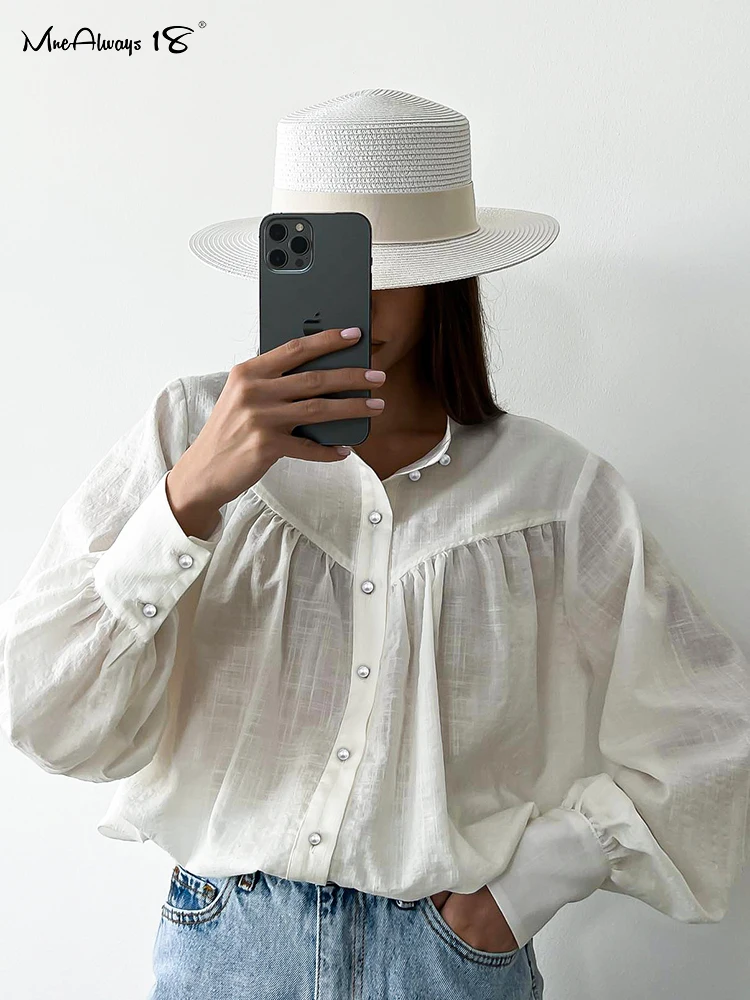 

Mnealways18 хлопковая рубашка с воротником «Питер Пэн» Женская белая блузка с рукавами-фонариками плиссированная однобортная шикарная блузка О...