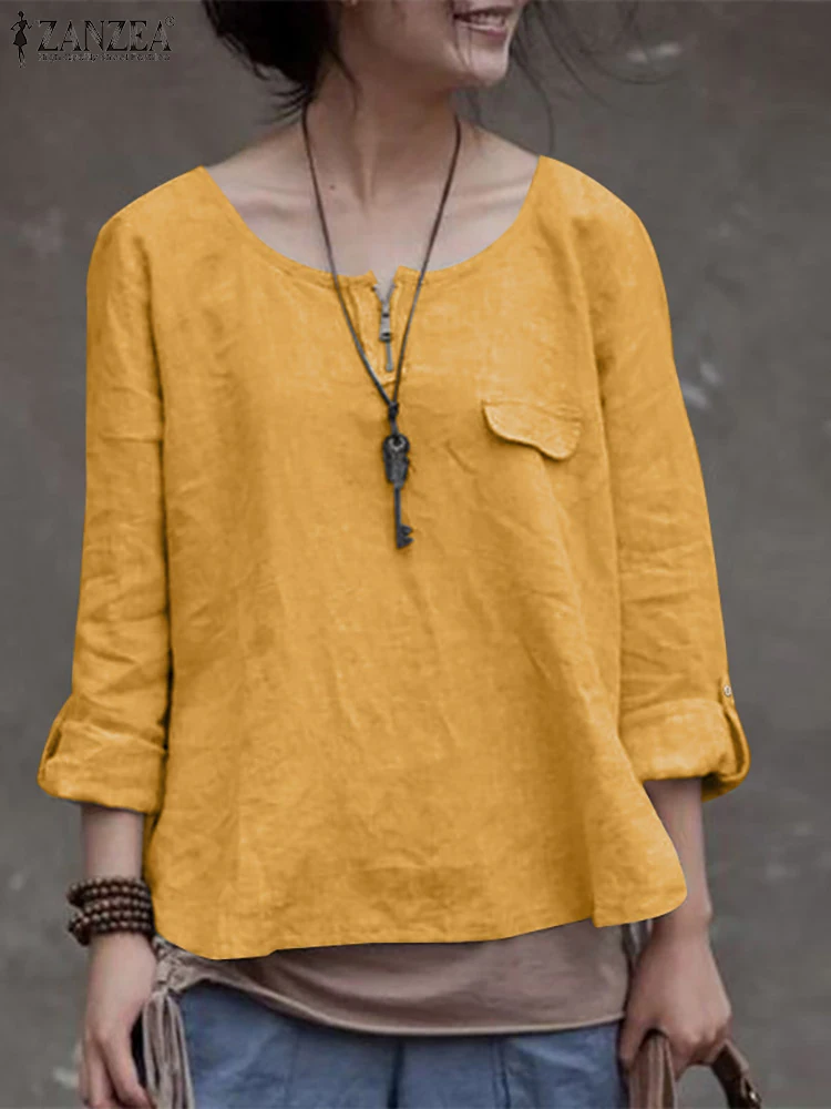 

Элегантная Свободная Женская блузка ZANZEA с длинным рукавом и круглым вырезом, Однотонная рубашка, Весенняя Повседневная Блузка, женские праздничные пляжные блузки