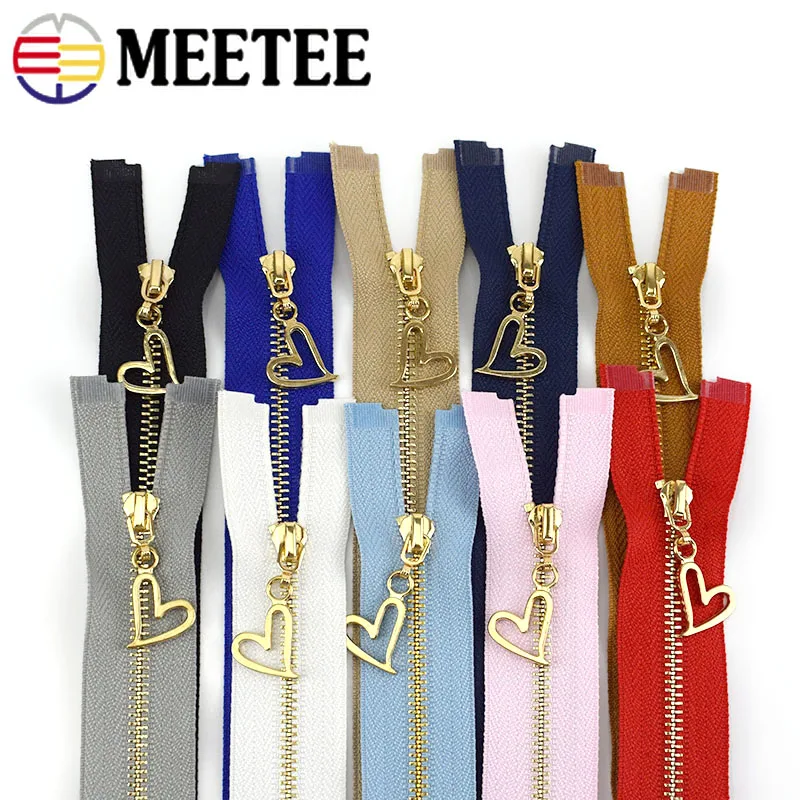 

5Pcs Meetee 3# Metal Zippers with Heart Puller Slider 15-70cm Closed Open End Zip Decorative Bag Clothes DIY Sewing Accessories