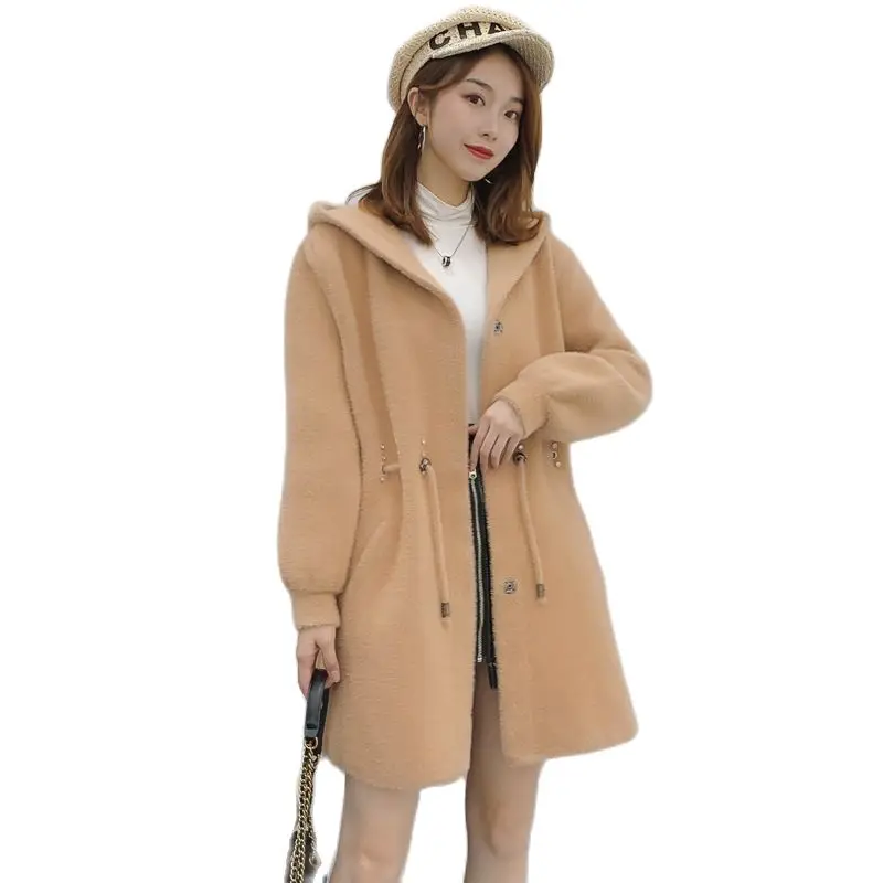Женская шерстяная куртка из искусственной норки, осенне-зимнее теплое пальто с длинным рукавом, женское длинное шерстяное пальто средней д...