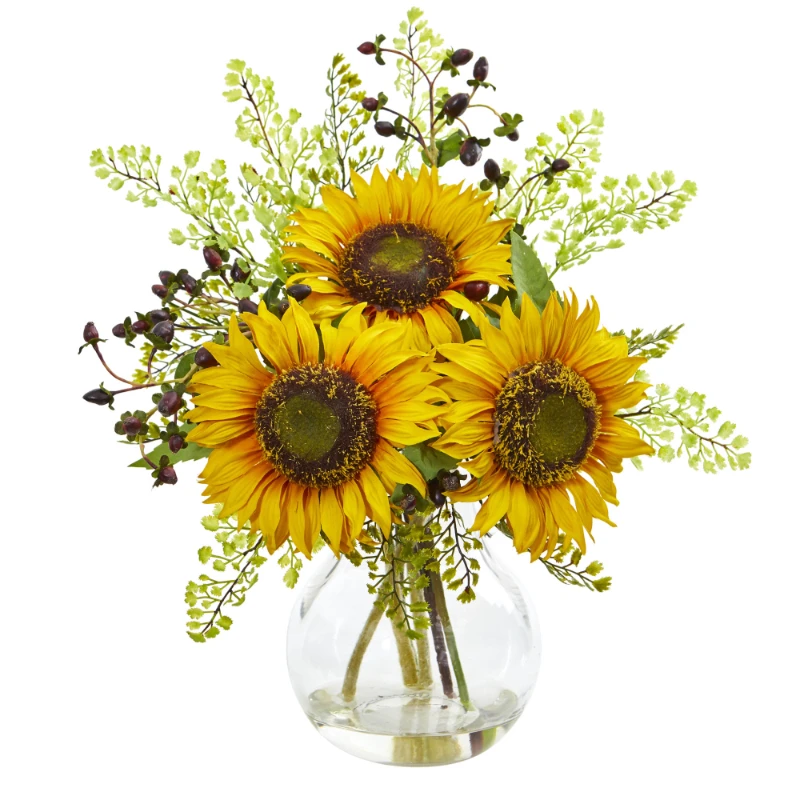 Free shipping Yellow Sunflower Artificial Flower Arrangement in Vase
