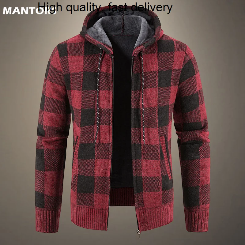 

Winter Thick Autumn Cardigan Men's Plaid Sweater Hooded Fashion Warm Slim fit Knitted Sweater Male Fleece Hoodies Coats Men