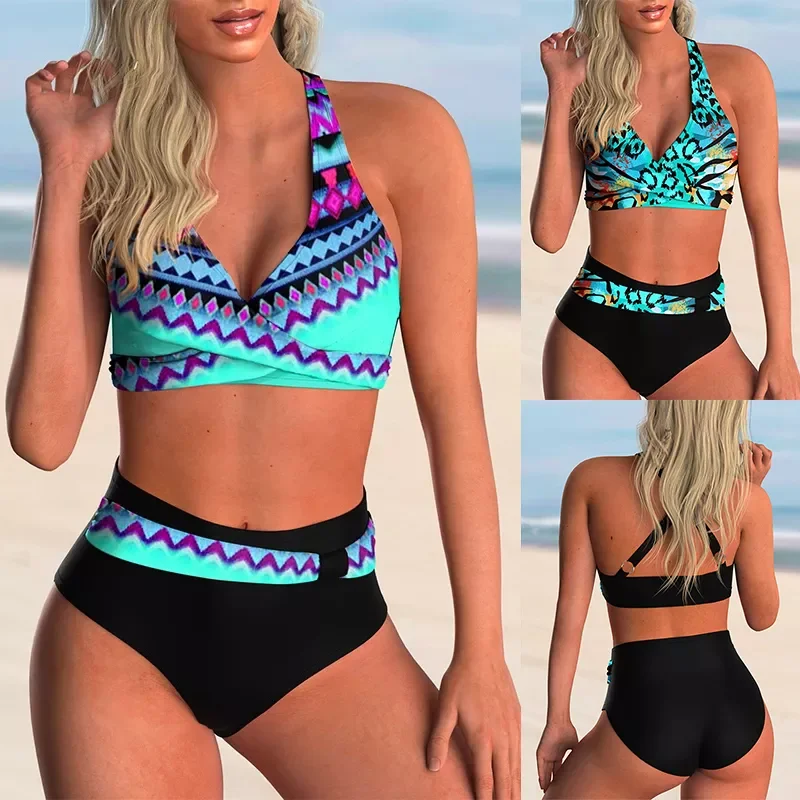 New in High Waist Swimsuit 2022 Colorful Print Push-Up Two Pieces Bikini Set Bathing Suit Plus Size Beach Swimming Suit Swimwear