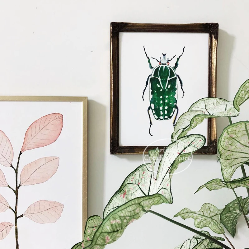 Акварель Жук Художественная печать синяя Стрекоза искусство естественное