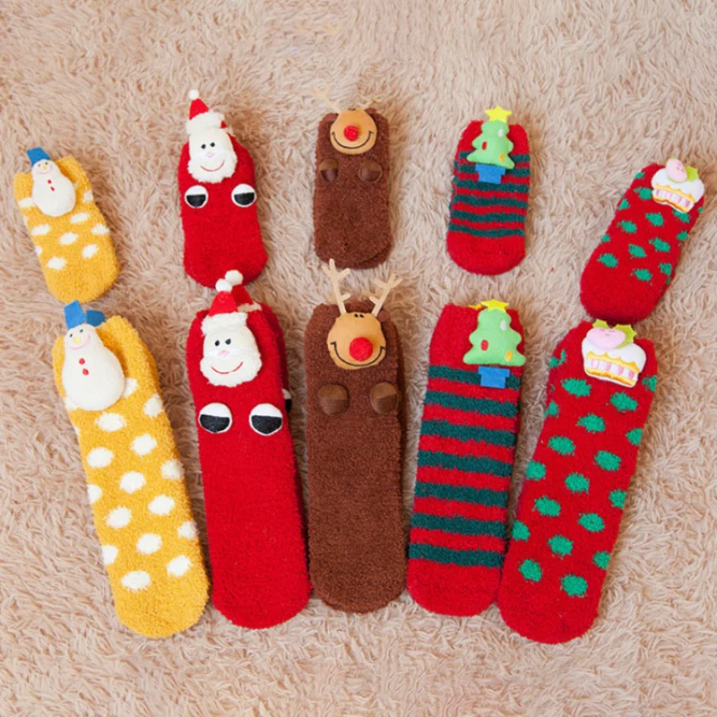 2 Pairs Winter Warm Parent-child Socks Christmas Socks Coral Velvet Cartoon Half Velvet Thickened Warm Sleeping Socks Gift Socks