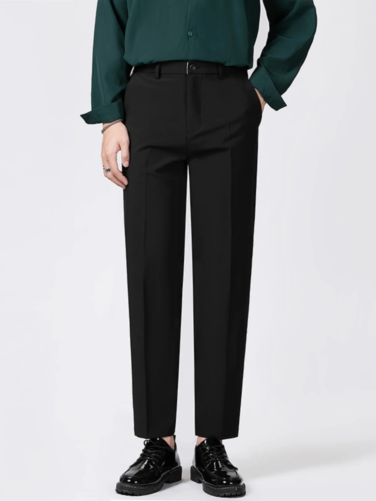 Young Sle Men's Suit Pants Spring and Autumn Drape Straight Ankle-Length Trendy Korean Series Pu Handsome Casual Smal...