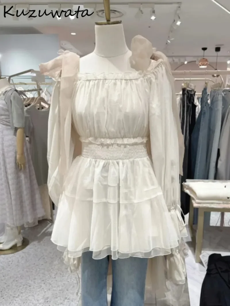 Kuzuwata Sweet Slash Neck Puff Sleeve Рубашка средней длины с открытыми плечами и бантом на