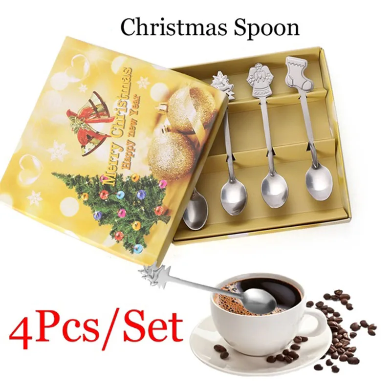 

4pcs Metal Merry Christmas Spoons Coffee Spoon Tableware Ornaments Xmas Party Decorations Kitchen Supplies New Year 2023 Gifts