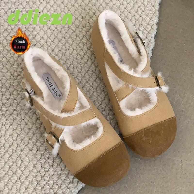 

Autumn Furry Ladies Flats Shoes 2023 Fashion Mixed Colors Footwear Women Winter Round Toe Shallow Warm Plush Female Shoes