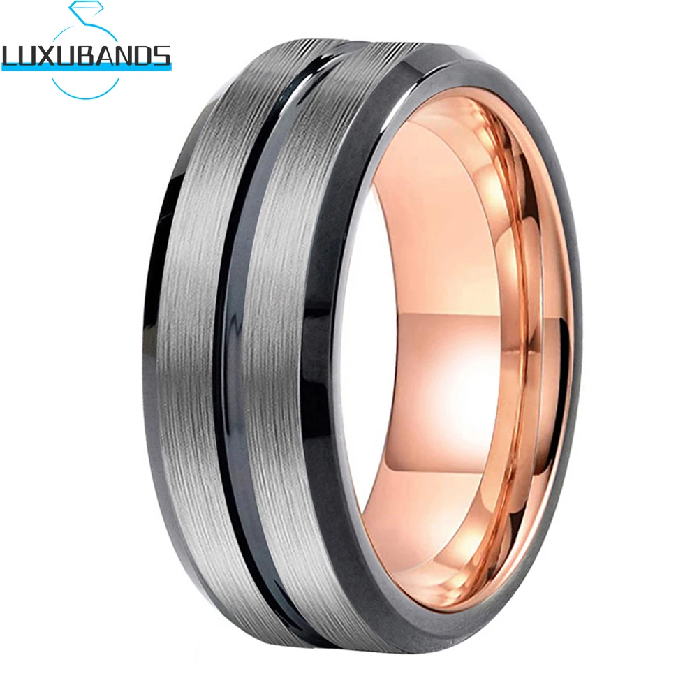 

Tungsten Carbide Ring For Men Wemen Center Grooved Engagement Band Black Rose Gold Two Tone Brushed Finish Comfort Fit