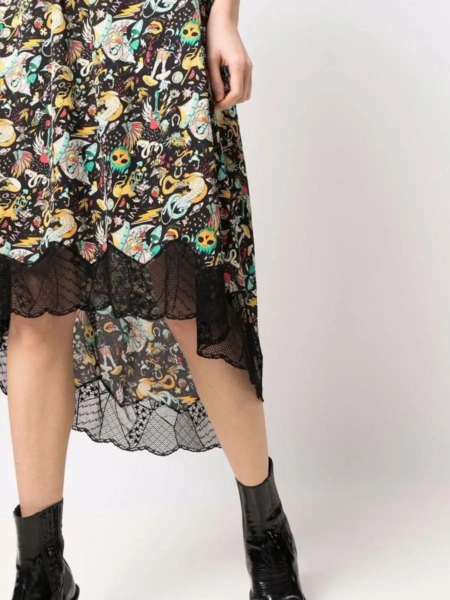 2022 Early Spring Pattern High Waist Skirt Lace Stitching Printed Skirt Soft and Comfortable Midi Skirt